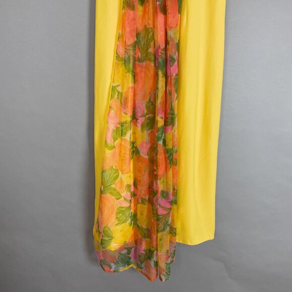 Vintage 1960s Dress Handmade Floral Train Yellow Crepe Empire Waist Bow Back - Picture 5 of 10